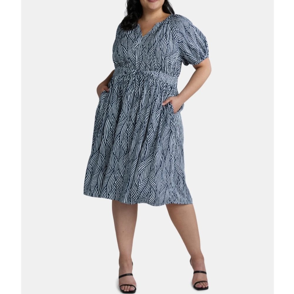 Terra & Sky Women's Plus Size 4X (28W-30W) Puff Sleeve Dress Dark Navy/White NWT